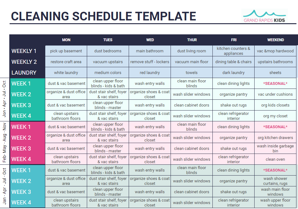 Weekly Cleaning Schedule Template from grkids.com