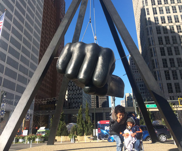 Detroit Fist Brooks kids Monument to Joe Louis
