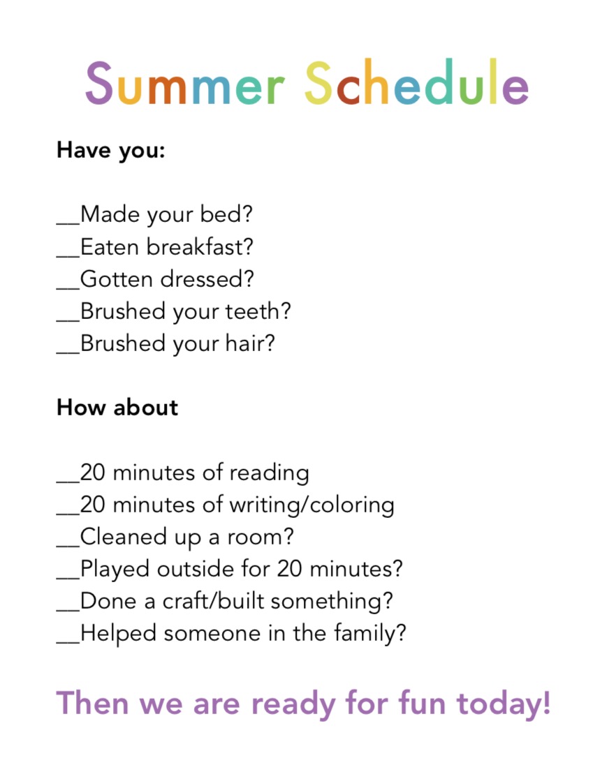 Summer Daily Schedule for kids