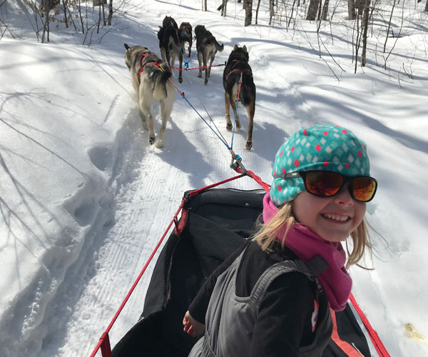 Little girl on dog sledding experience in Michigan.