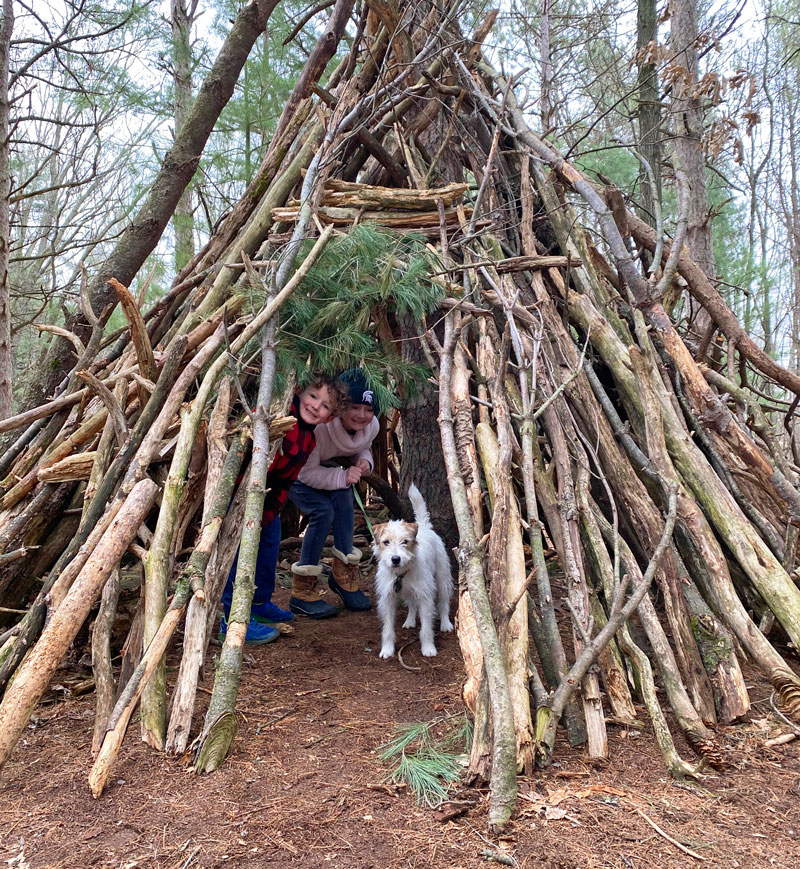 Provin Trails kids in natural structure with dog Hunt