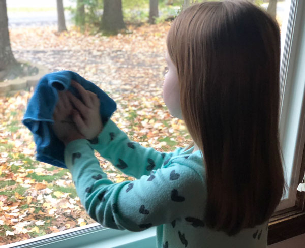 girl cleaning window with cloth