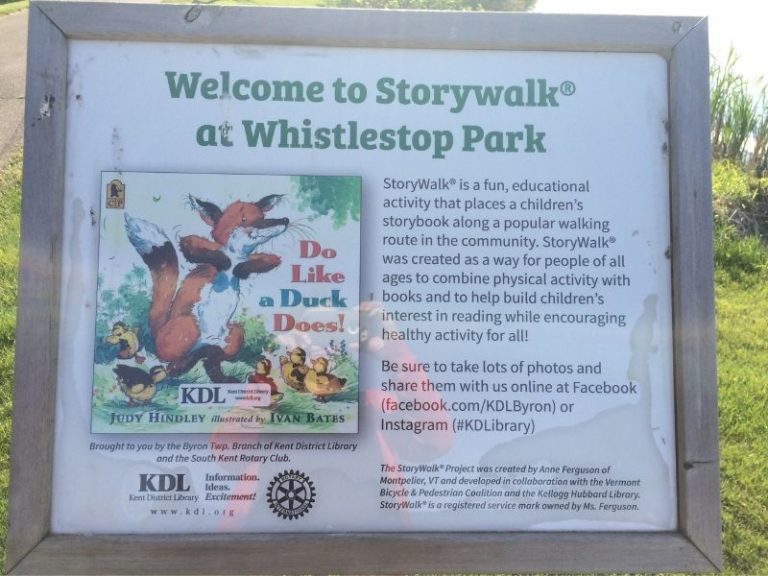 Whistlestop Park is a Byron Center Gem Storywalk Trail, Fishing Pond