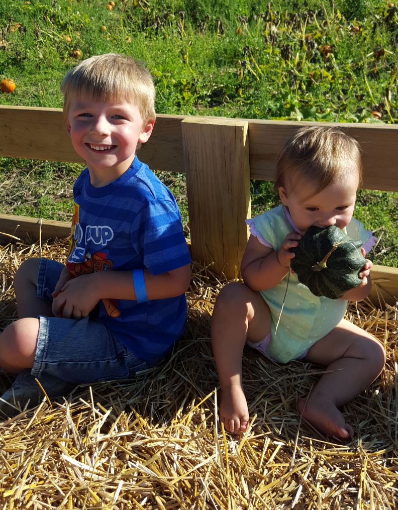 Post Family Farm kids on hayride with pumpkin patch background