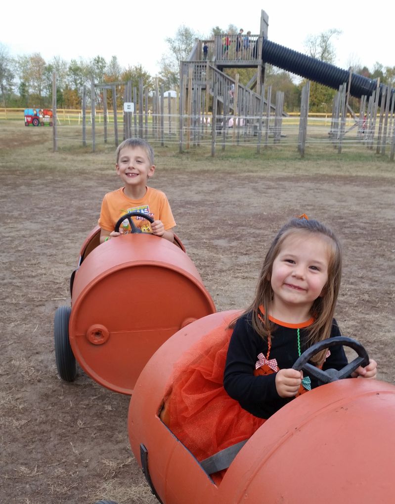Post Family Farm kids on pumpkin train with slides background Rudd
