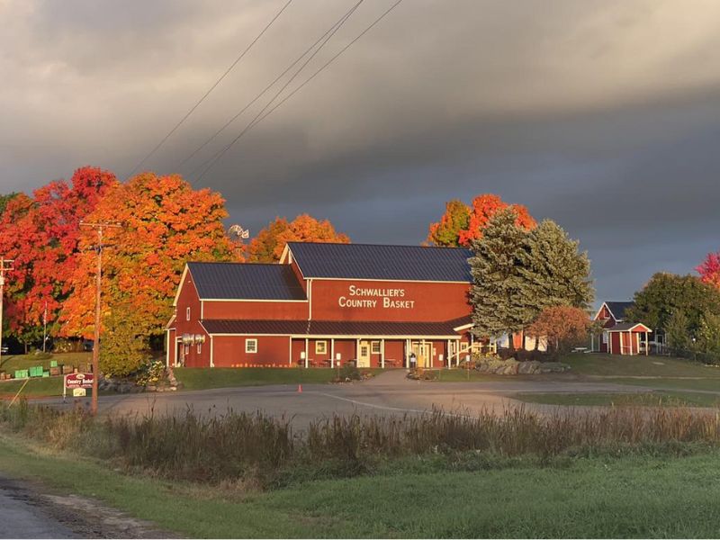 Schwalliers Country Basket barn against gray sky