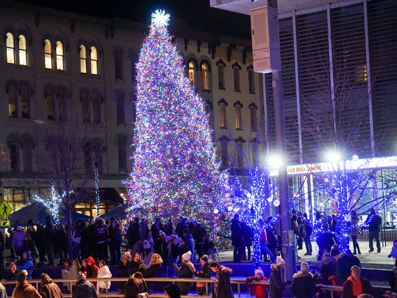 Christmas light displays in downtown Grand Rapids include the massive Christmas tree. 
