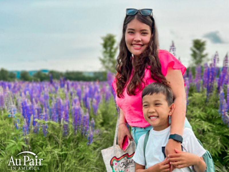 Au Pair in America boy and au pair in lavender field