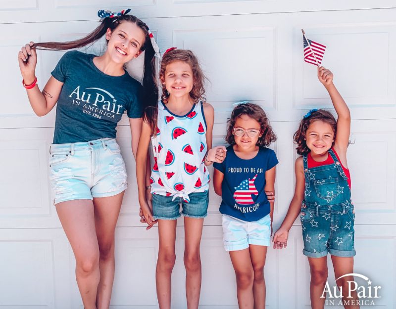 Au Pair in America kids and au pair pose in patriotic colors