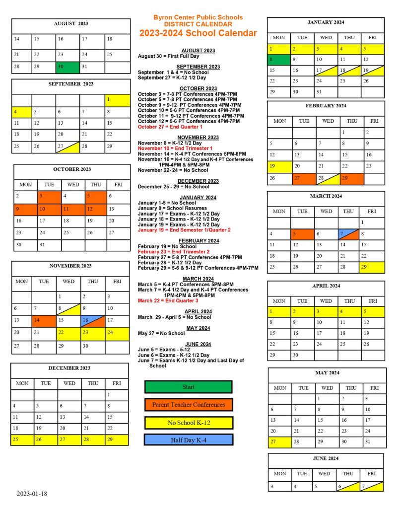 Byron Center Public School Calendar 2023-24