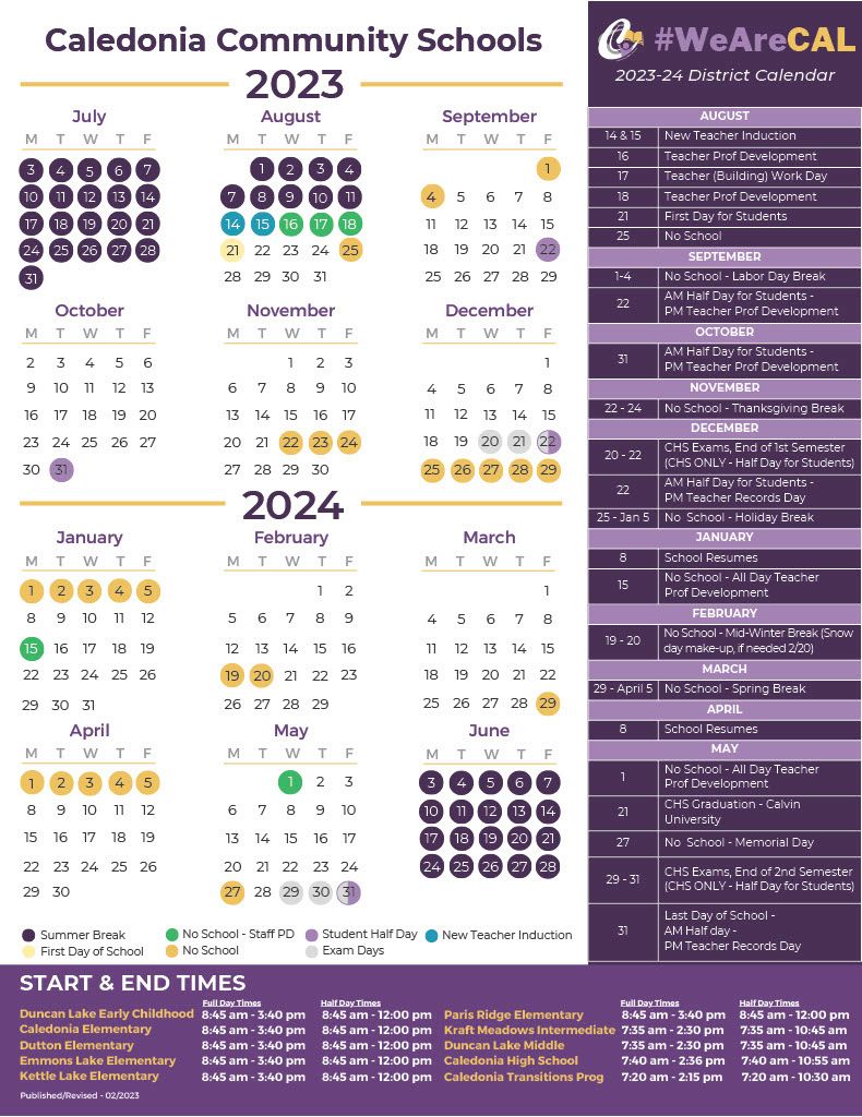 Caledonia School Calendar 2023-2024
