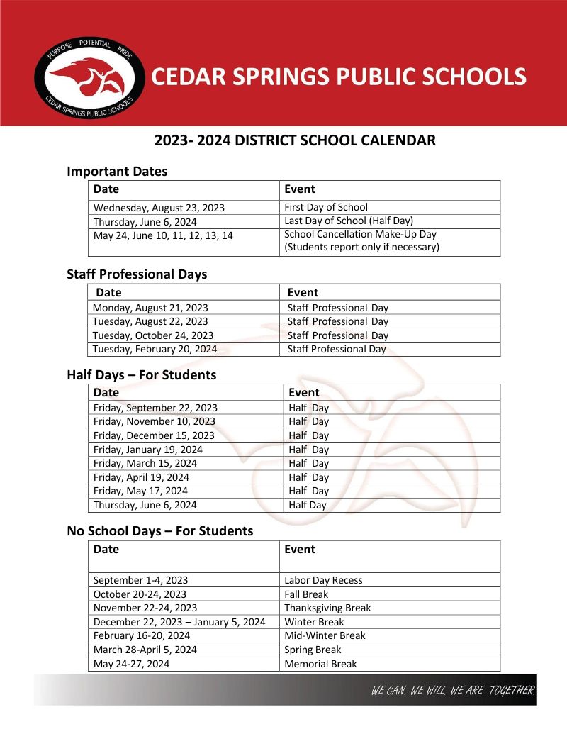 Cedar Springs Public School Calendar 2023-24
