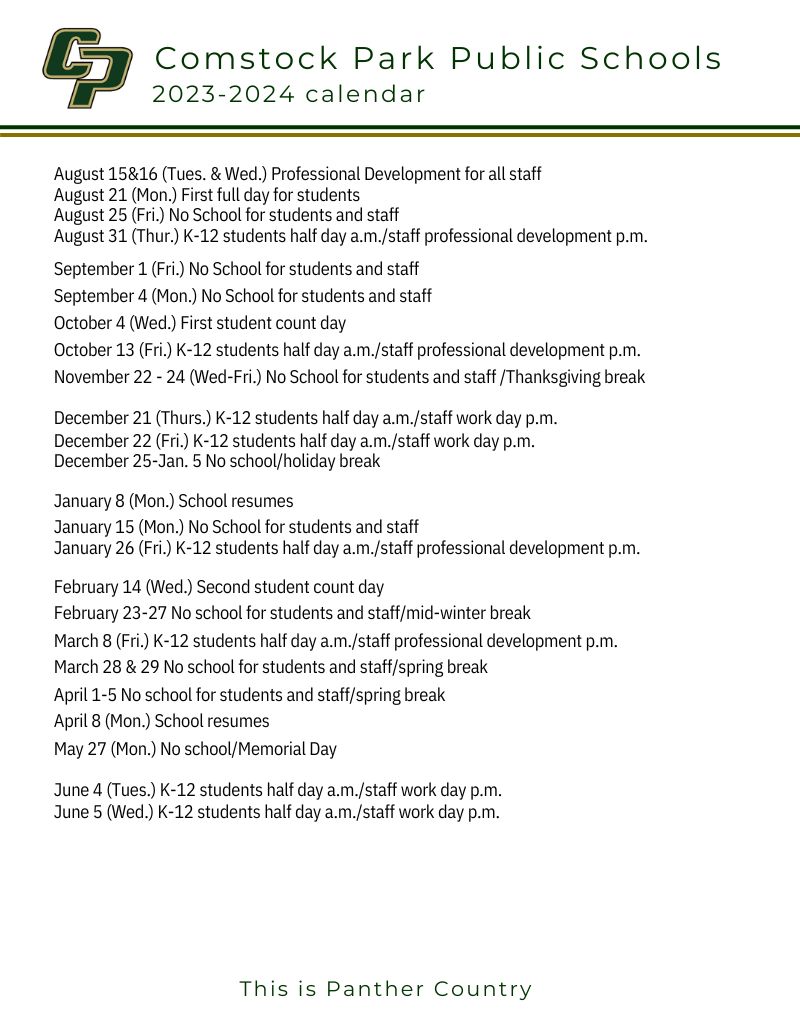 Comstock Park Public Schools Calendar 2023-2024