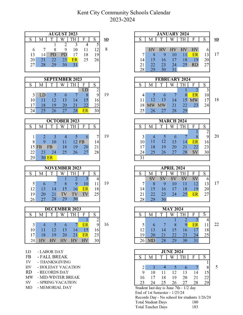 Kent City School Calendar 2023-24