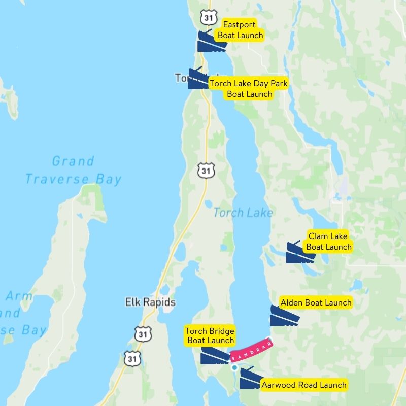 Map of Torch Lake Boat Launches for Motor Boats