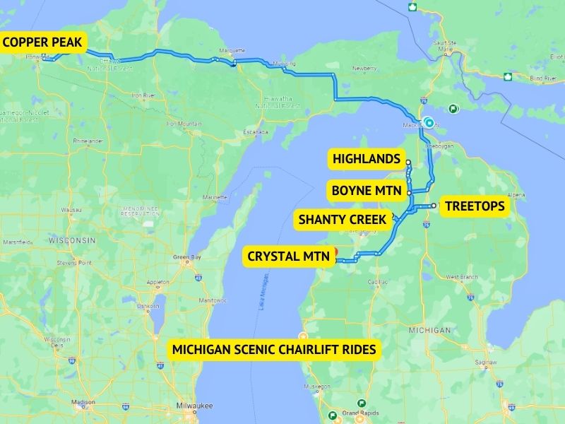 Michigan Scenic Chairlift Rides Map