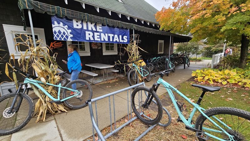 Crystal Mountain resort bike rentals area in fall