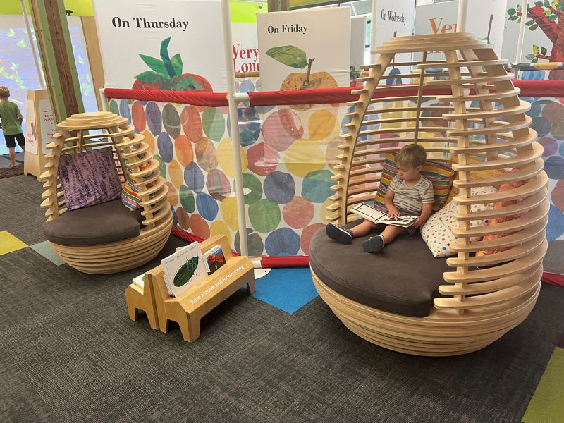 Grand Rapids Children's Museum Very Eric Carle exhibit reading cocoons