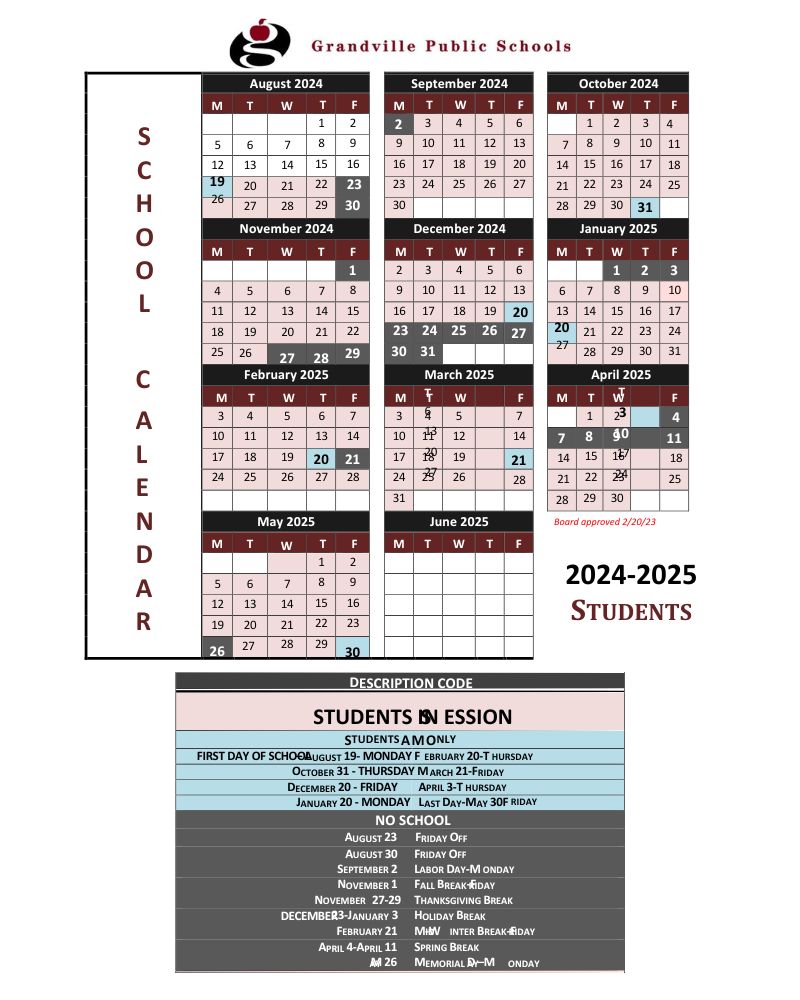 Grandville Public Schools Calendar 2025-2026