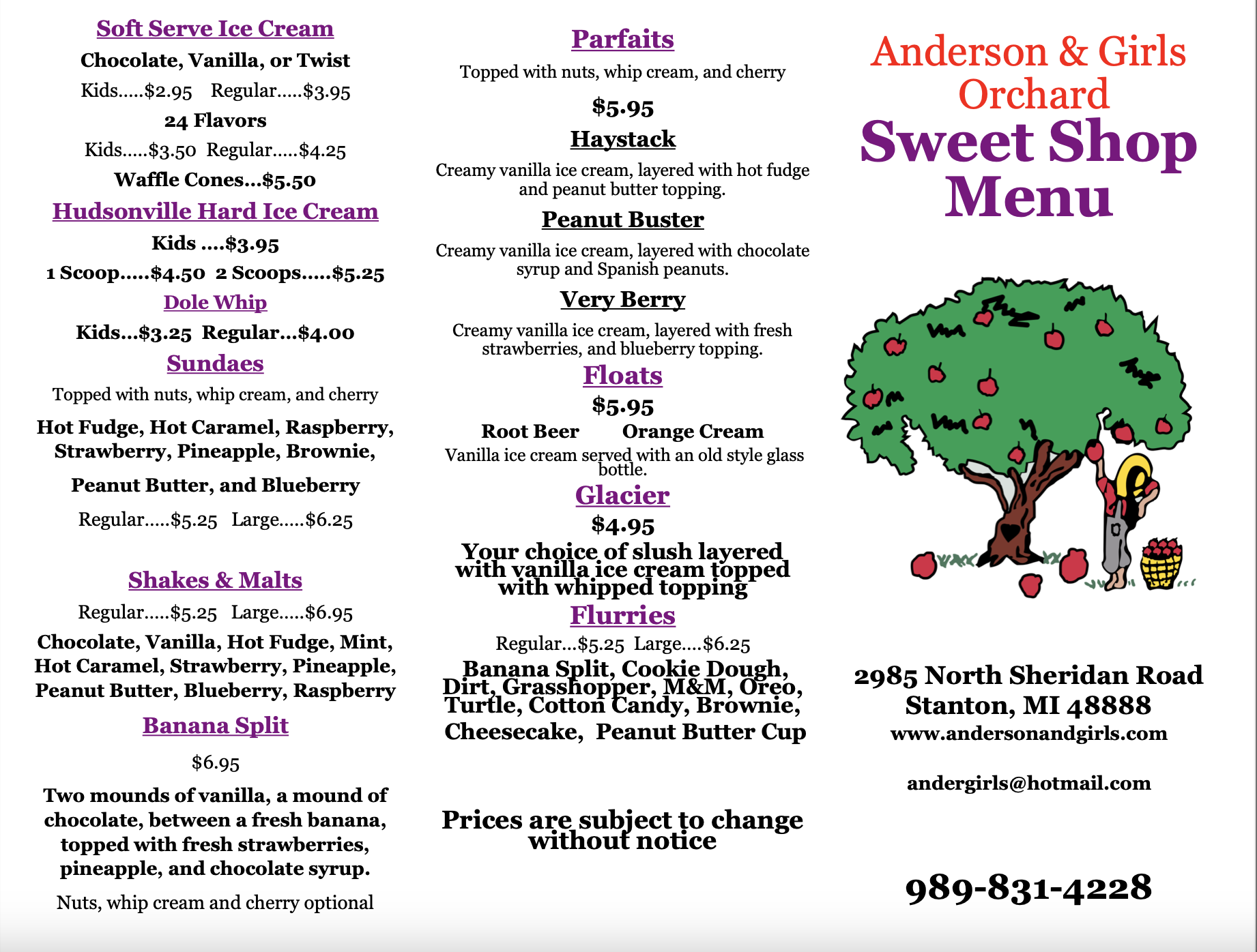 Anderson and Girls Sweet Shoppe Menu