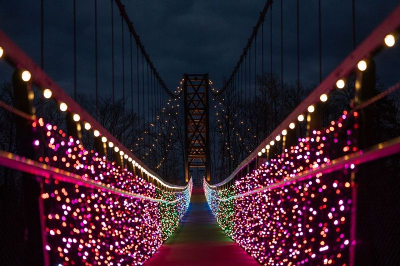 view walking down the skybridge lights experience