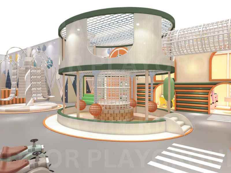 Happy Kids Indoor Playground ball swing wide view