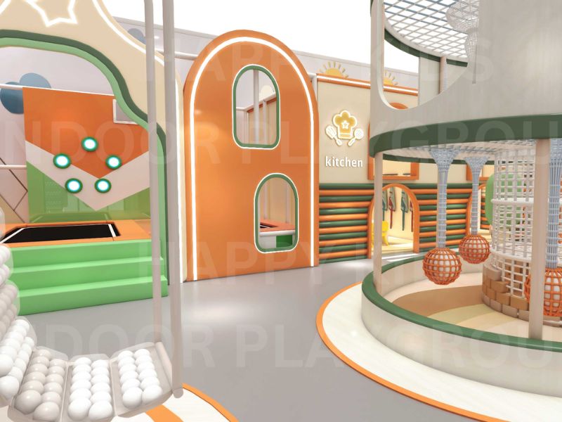 Happy Kids Indoor Playground ball swings pretend play entrance