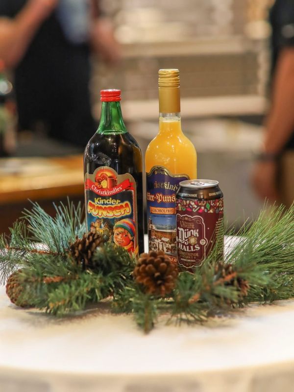 Grand Rapids Christkindl Markt 2025 Beers: Glühwein, Dunkelweizen, Eierpunsch, and Kinderpunsch.