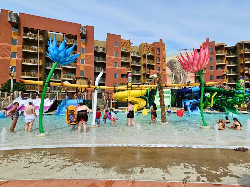 Giant flowers spray water on park goers at Kalahari Water Park