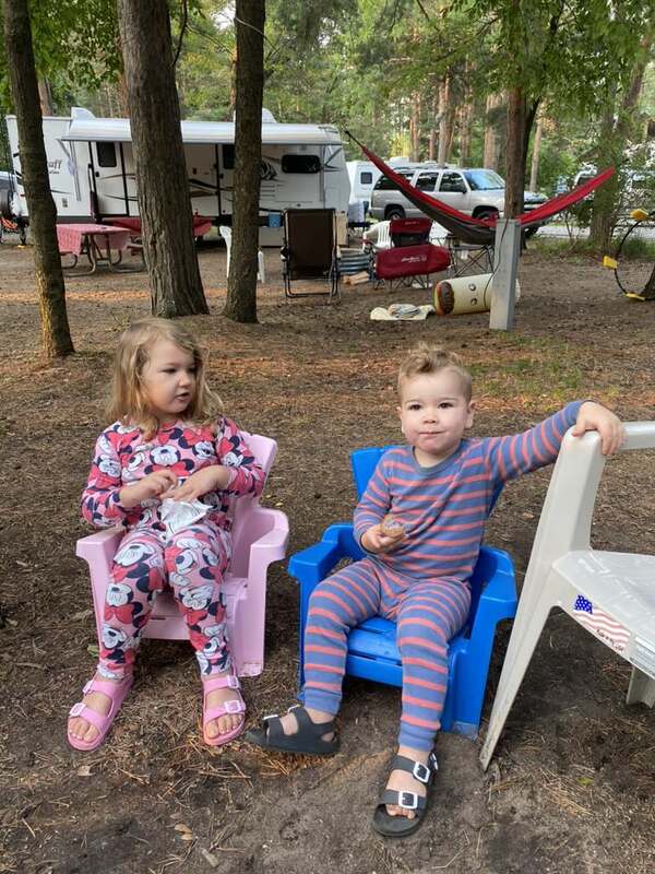 pink, blue chair with kids camping, hammock