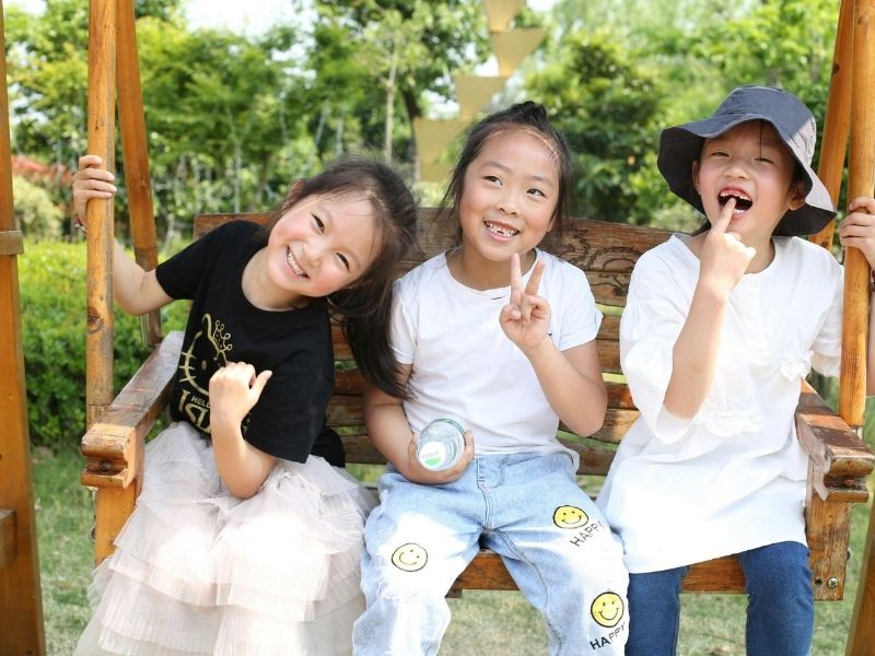 Silly Kids On Bench Swing