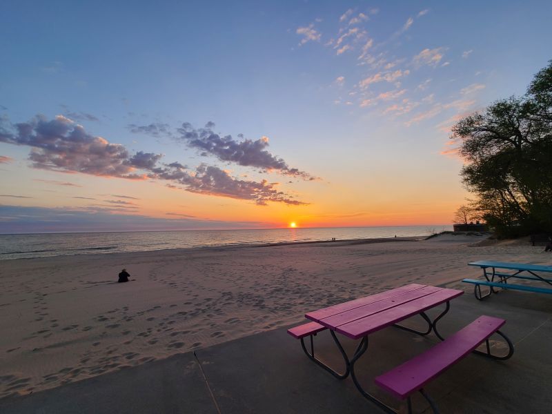 Ludington Stearns Park Beach Sunset With Picnic Tables In View Rudd